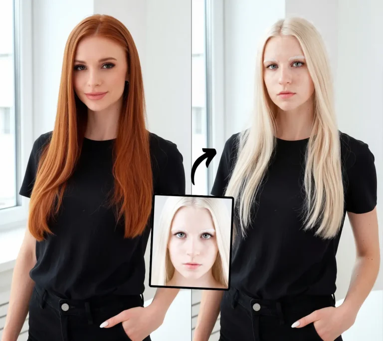 Two women with different hair colors are shown in the image. One woman has red hair and is wearing a black shirt, while the other woman has blonde hair and is also wearing a black shirt. The image also features a picture of a woman with blonde hair, which is placed between the two women. The women are standing in front of a window, and the image has a black and white tone. Face swap example