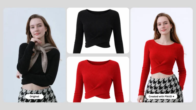 AI fashion photography collage showing clothing swap, face swap, pose creation, and virtual outfit transformation examples. Visual overview of AI-powered image editing for ecommerce and fashion brands.